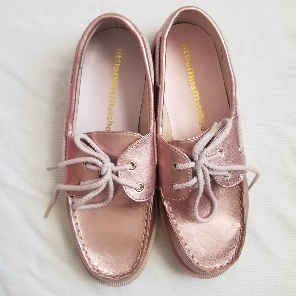 Little Miss Matched Rose Pink Gold Faux Leather Metallic Lace Up Boat Shoe